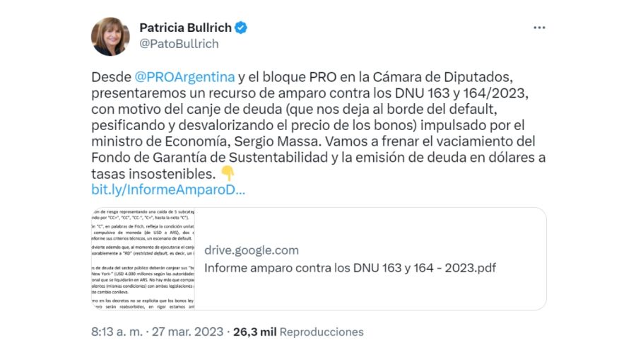 Tweet - Patricia Bullrich sobre el canje de deuda