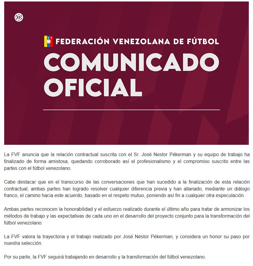 El comunicado oficial de Venezuela sobre la salida de José Pekerman