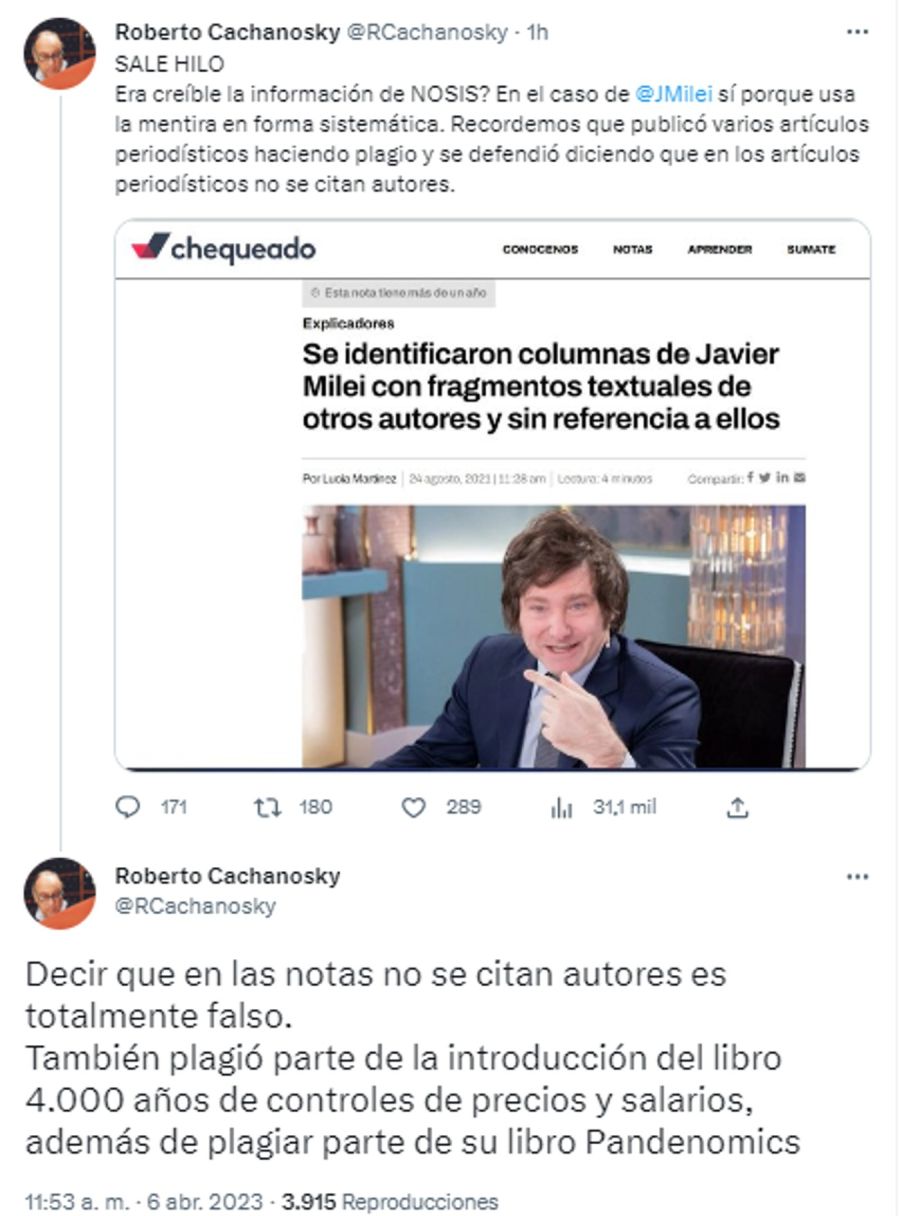 Mensaje de Cachanovsky contra Milei 20230406