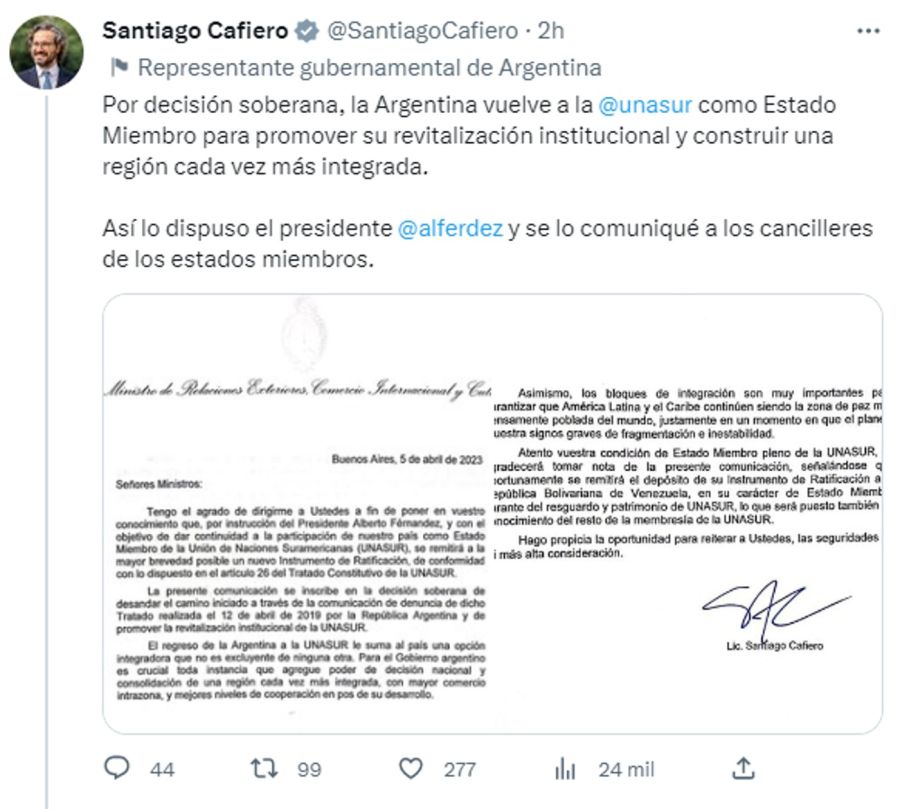 Tweet de Santiago Cafiero 20230406