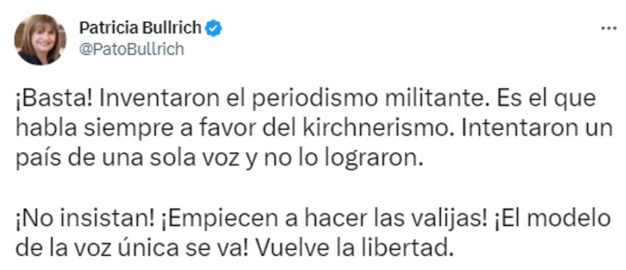 Tweet de Patricia Bullrich contra La Cámpora 20230408