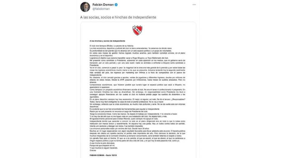 Comunicado Fabian Doman renuncia Independiente