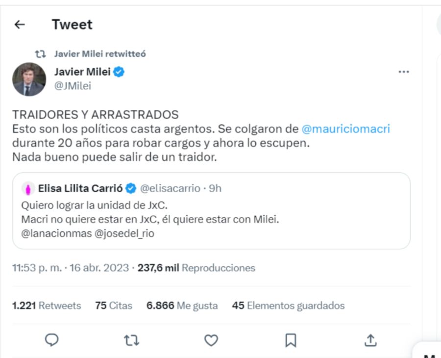 20230417 Tweet de Javier Milei contra Elisa Carrió.