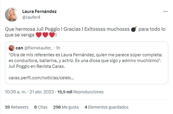Laurita Fernández le respondió a Julieta Poggio tras los dichos de que es su referente
