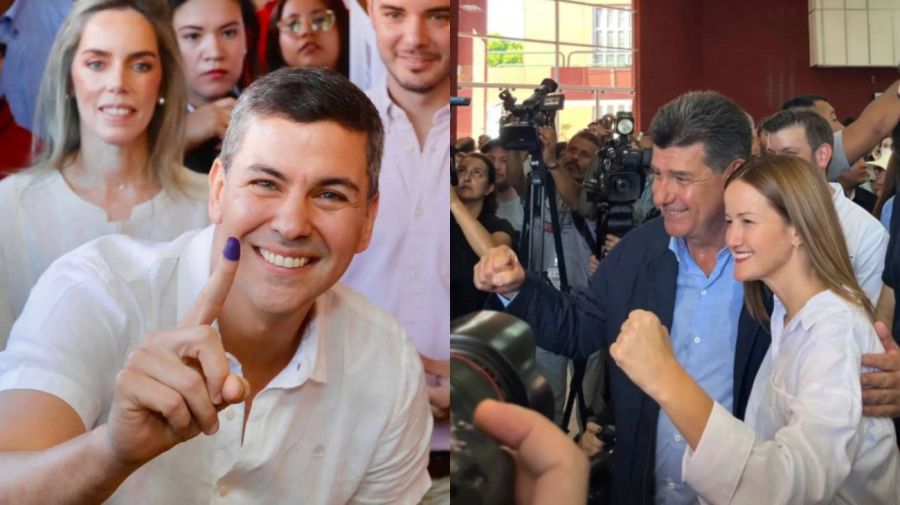 Eleições no Paraguai.  O candidato do Partido Colorado, Santiago Peña, e o candidato da oposição junto com seu vice-presidente, Efraín Alegre e Soledad Núñez, após votação