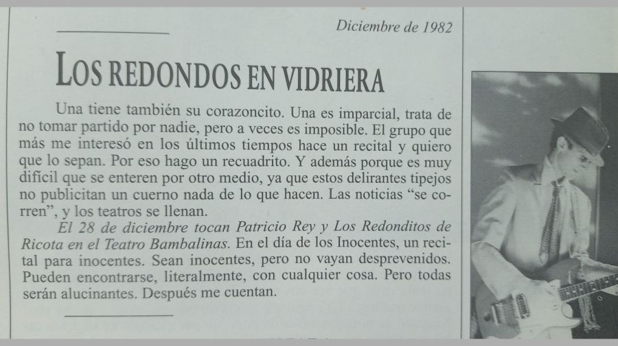 Publicación de Gloria Guerrero sobre Los Redondos en 1982
