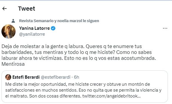 El potente palazo de Yanina Latorre a Estefanía Berardi en Twitter: “Querés que te enumere tus barbaridades”