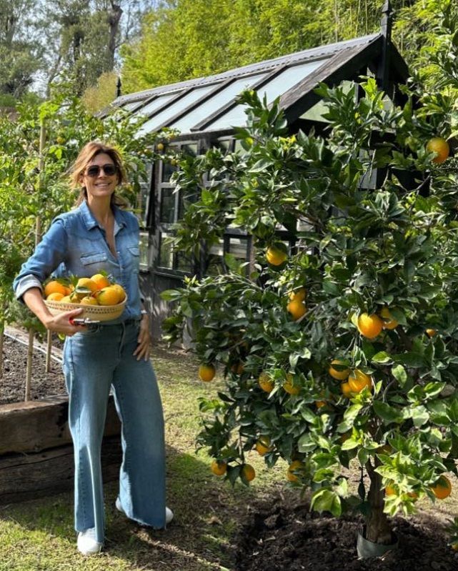 Juliana Awada usó un Total denim look con zapatillas para recolectar su cosecha de naranjas