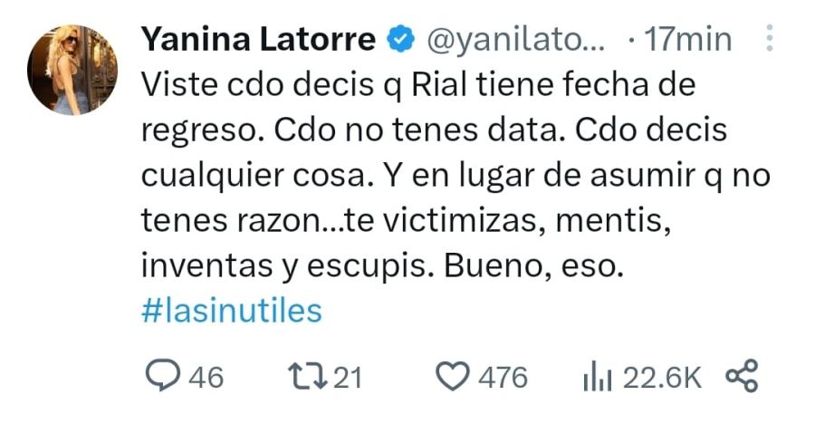 Tweet de Yanina Latorre
