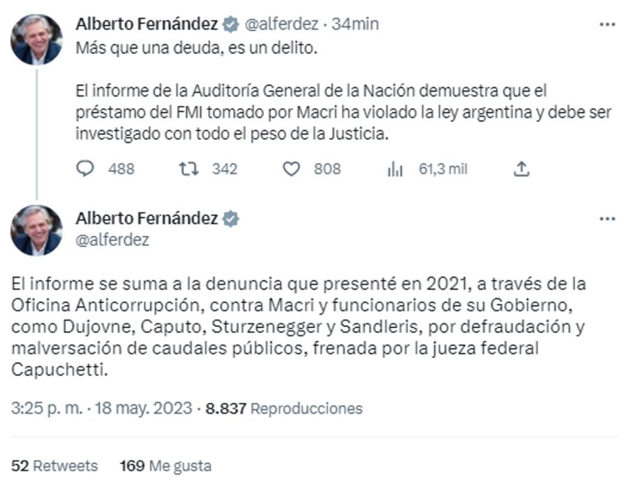 Tweet de Alberto Fernández sobre el FMI 20230518
