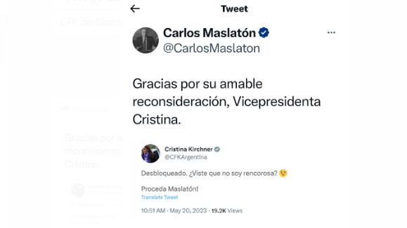Mensajes entre Cristina y Carlos Maslatón en Twitter.