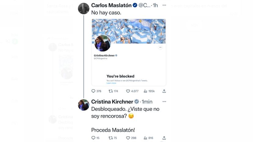 Los mensajes entre Cristina y Carlos Maslatón en Twitter.