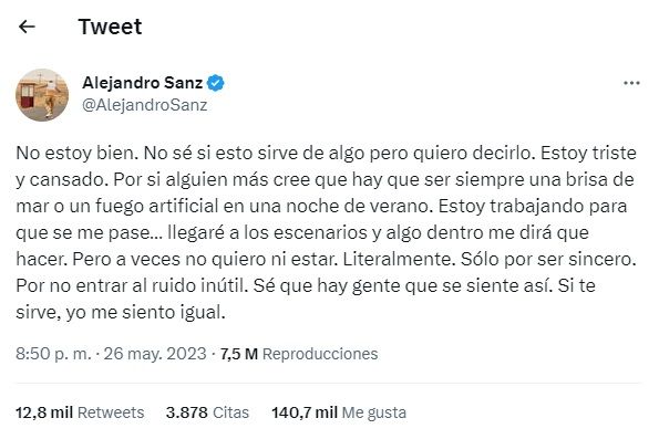 Alejandro Sanz hizo una publicación que preocupó a sus seguidores: 