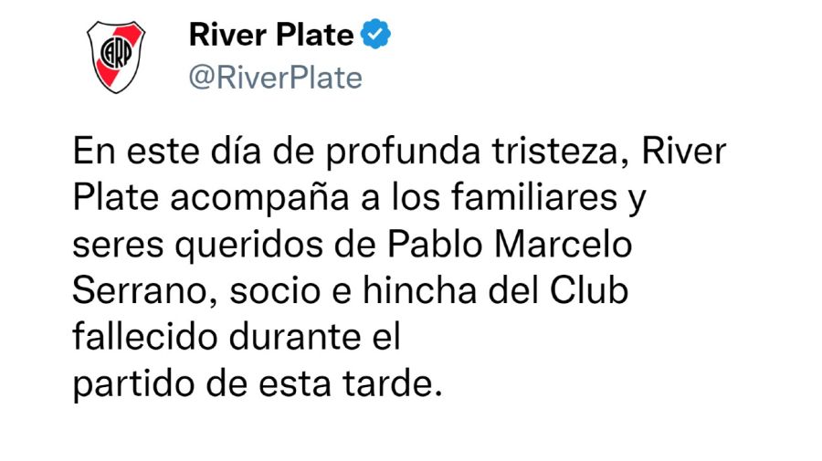 Tweet de River Plate por la muerte del hincha