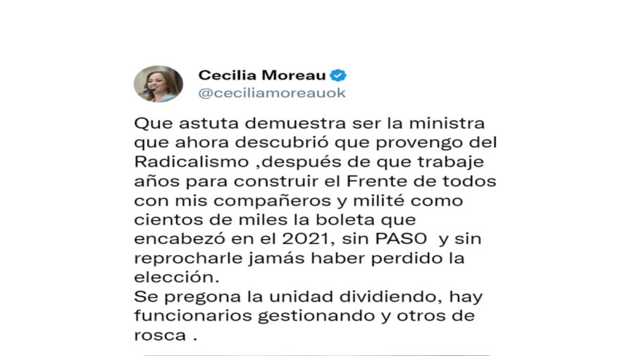 20230608 Tweet de Cecilia Moreau respondiendo las críticas de Victoria Tolosa Paz.