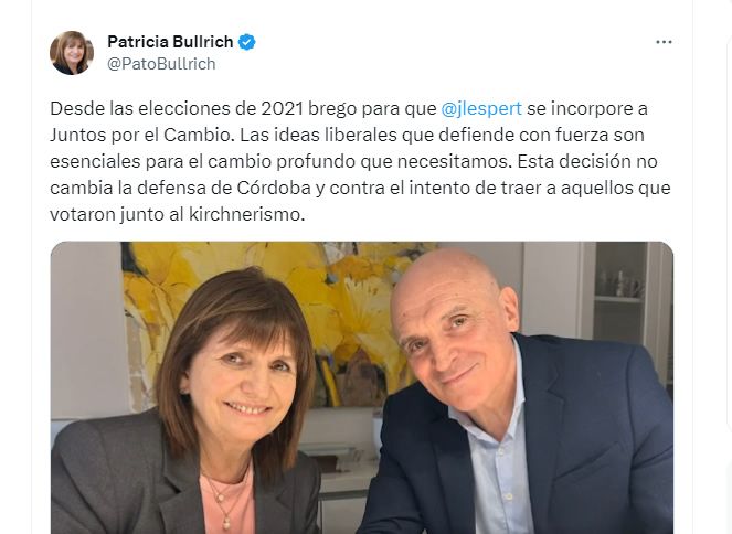 El tuit de Patricia Bullrich reivindicando la incorporación de Espert.