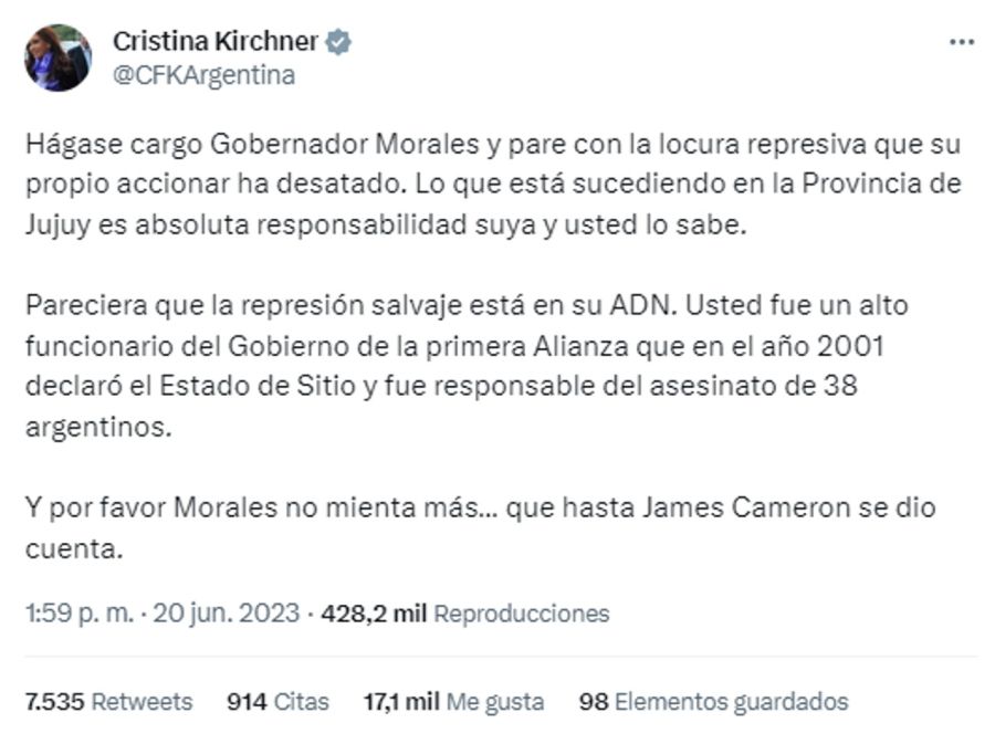 Tweet de Cristina Kirchner por incidentes en Jujuy 20230620