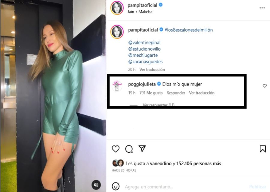 Pampita lució un body engomado verde que recibió el elogio de Julieta Poggio