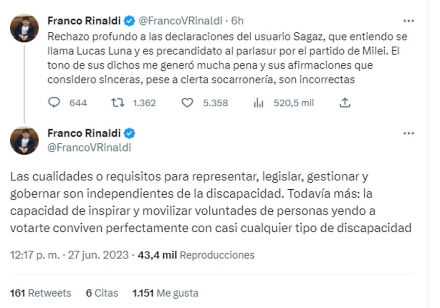 Lucas Luna, candidato de Javier Milei, discriminó a Franco Rinaldi 20230627
