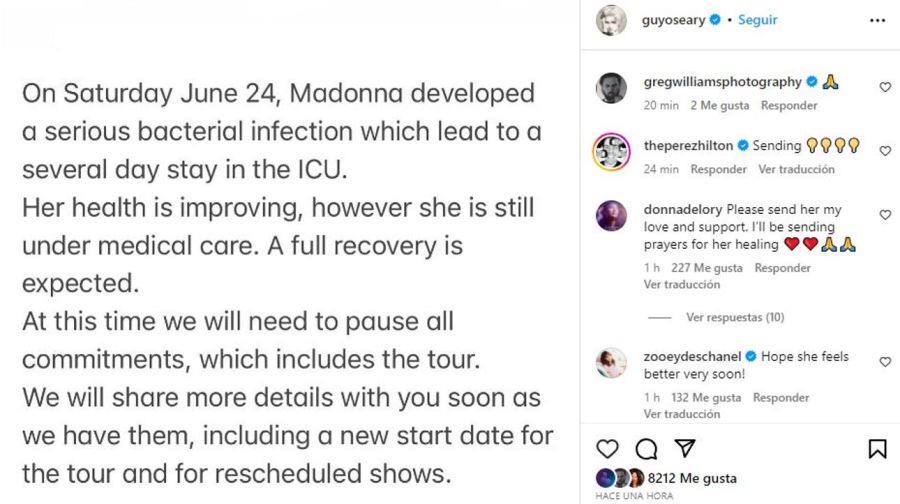 Comunicado salud Madonna