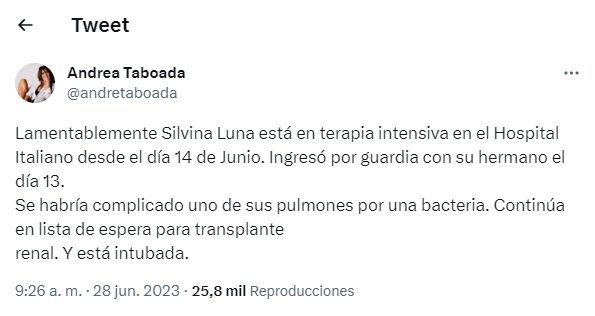 Se complicó el estado de salud de Silvina Luna