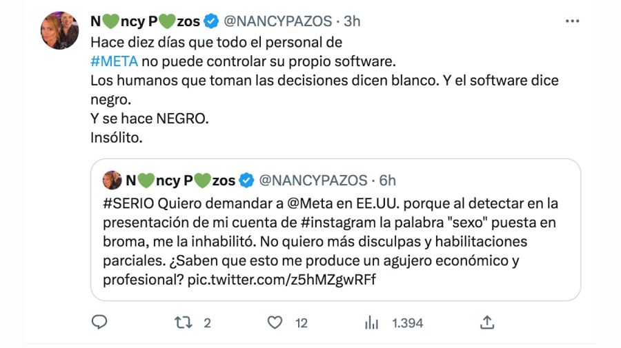 Nancy Pazos, furiosa por la inhabilitación de su cuenta de Instagram: 