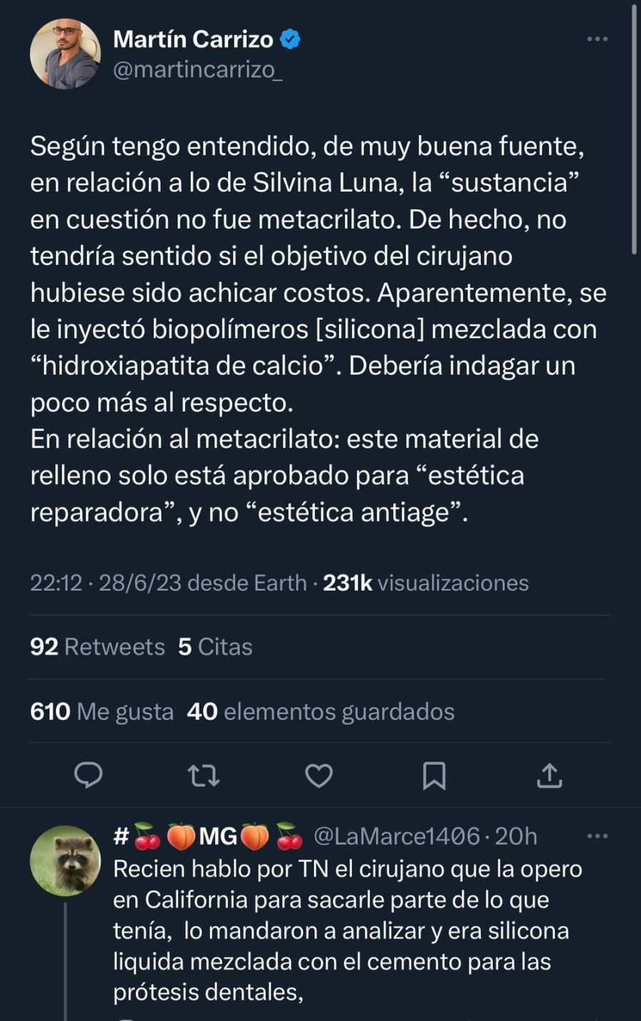 Tweets del doctor Martín Carrizo sobre lo que le inyectaron a Silvina Luna