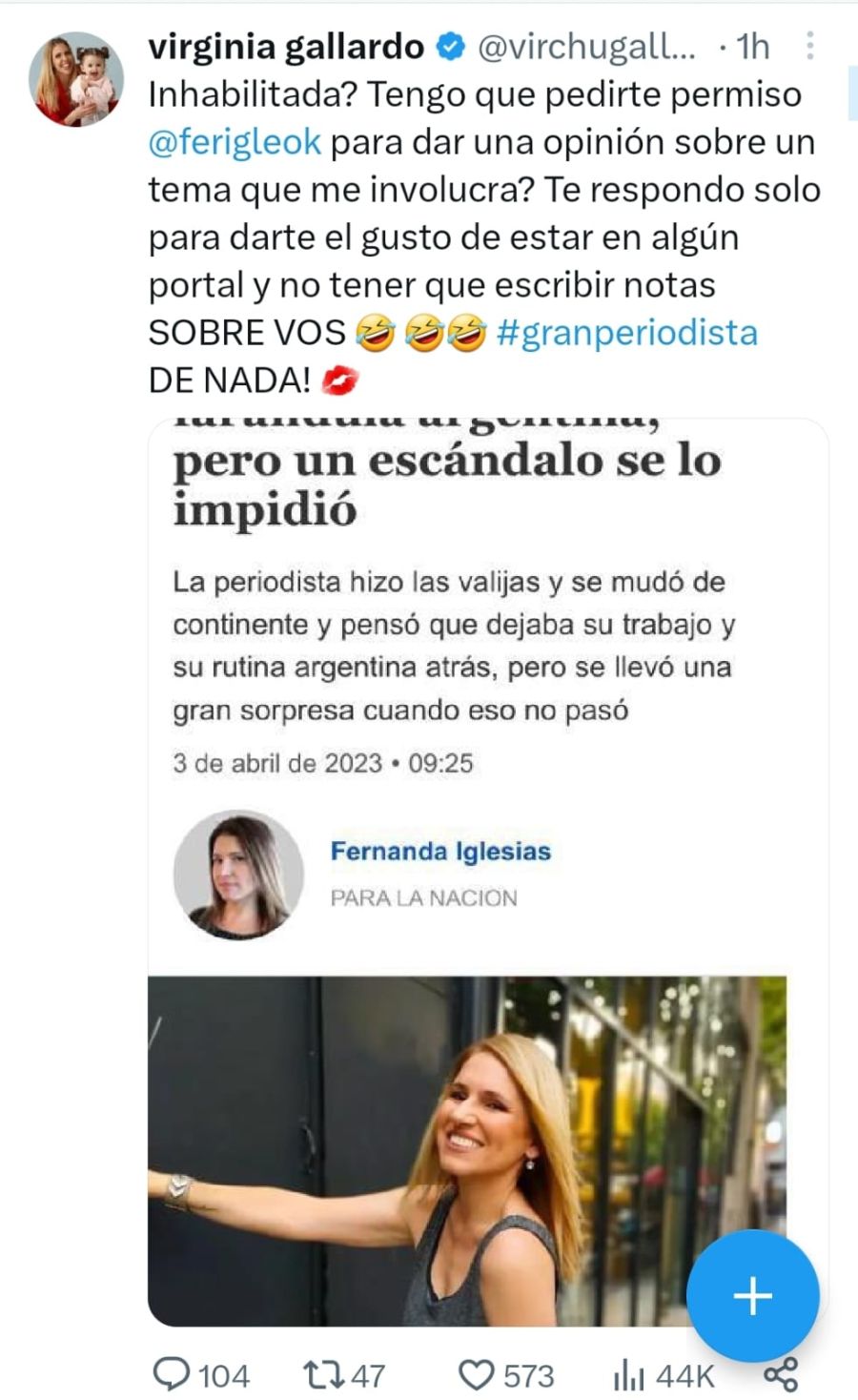 Twit de Virginia Gallardo contra Fernanda Iglesias
