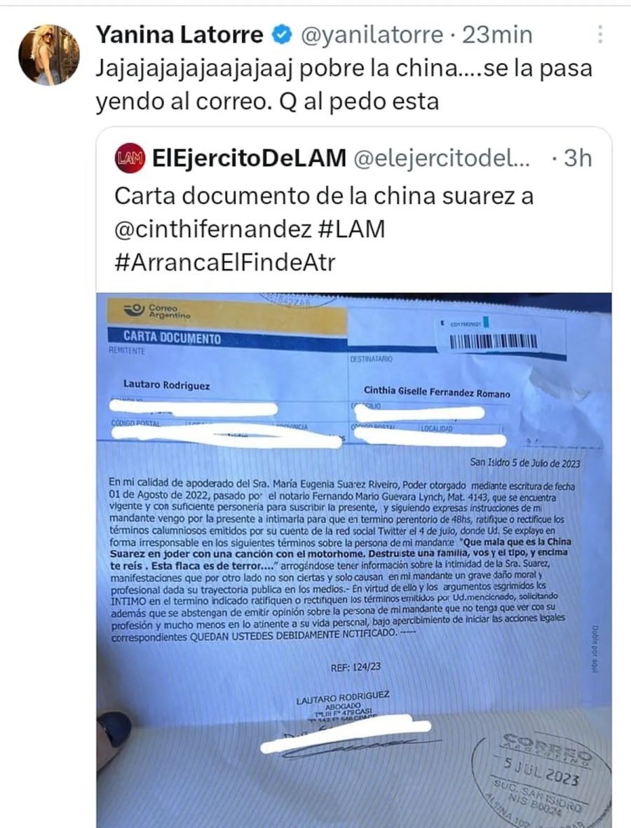 Yanina Latorre sobre la carta documento de la China Suárez