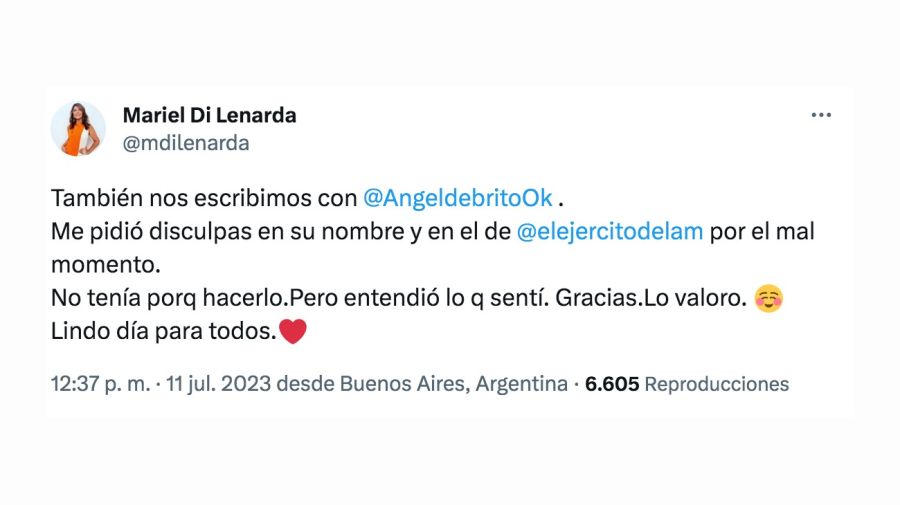 Mariel Di Lenarda reveló que Ángel de Brito se disculpó en nombre de LAM por los dichos de Santiago Sposato: 
