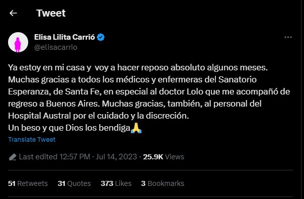 El tweet de Elisa Carrió