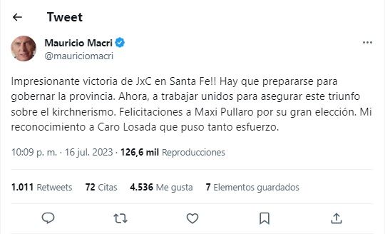 Mauricio Macri felicitó a Maximiliano Pullaro g_20230716