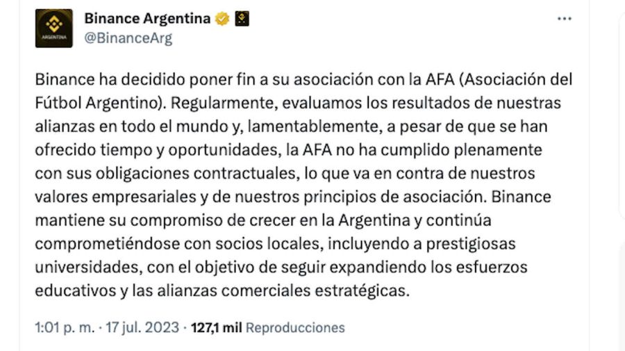 Binance Argentina Tweet 20230717