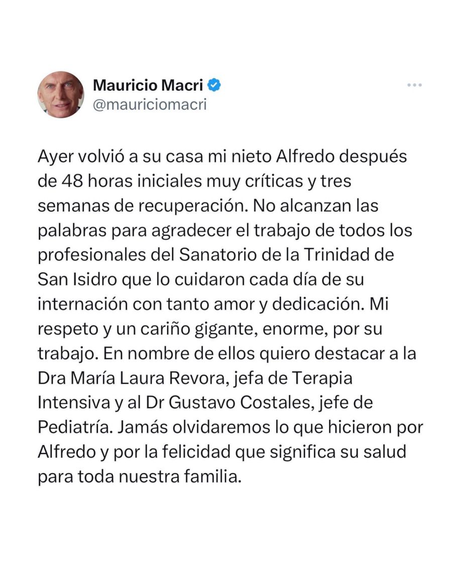  Mauricio Macri sorprendió con un conmovedor mensaje para su nieto que estuvo internado 
