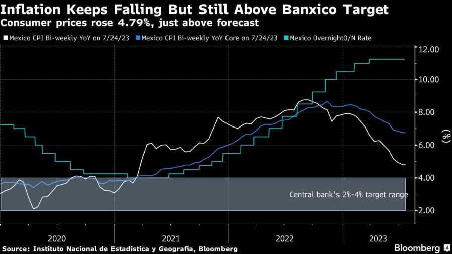 Inflation Keeps Falling But Still Above Banxico Target | Consumer prices rose 4.79%, just above forecast