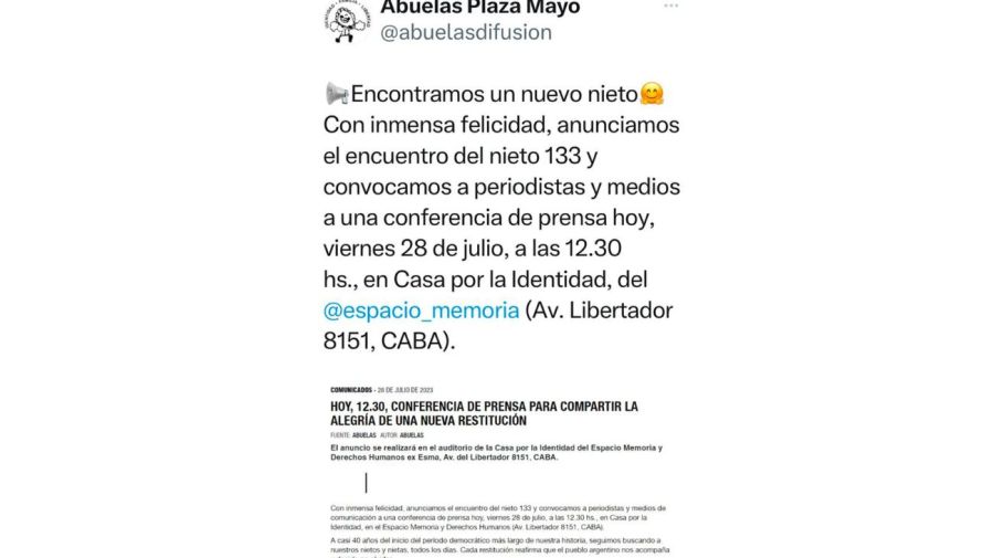 Abuelas de Plaza de Mayo anunció el hallazgo del nieto 133