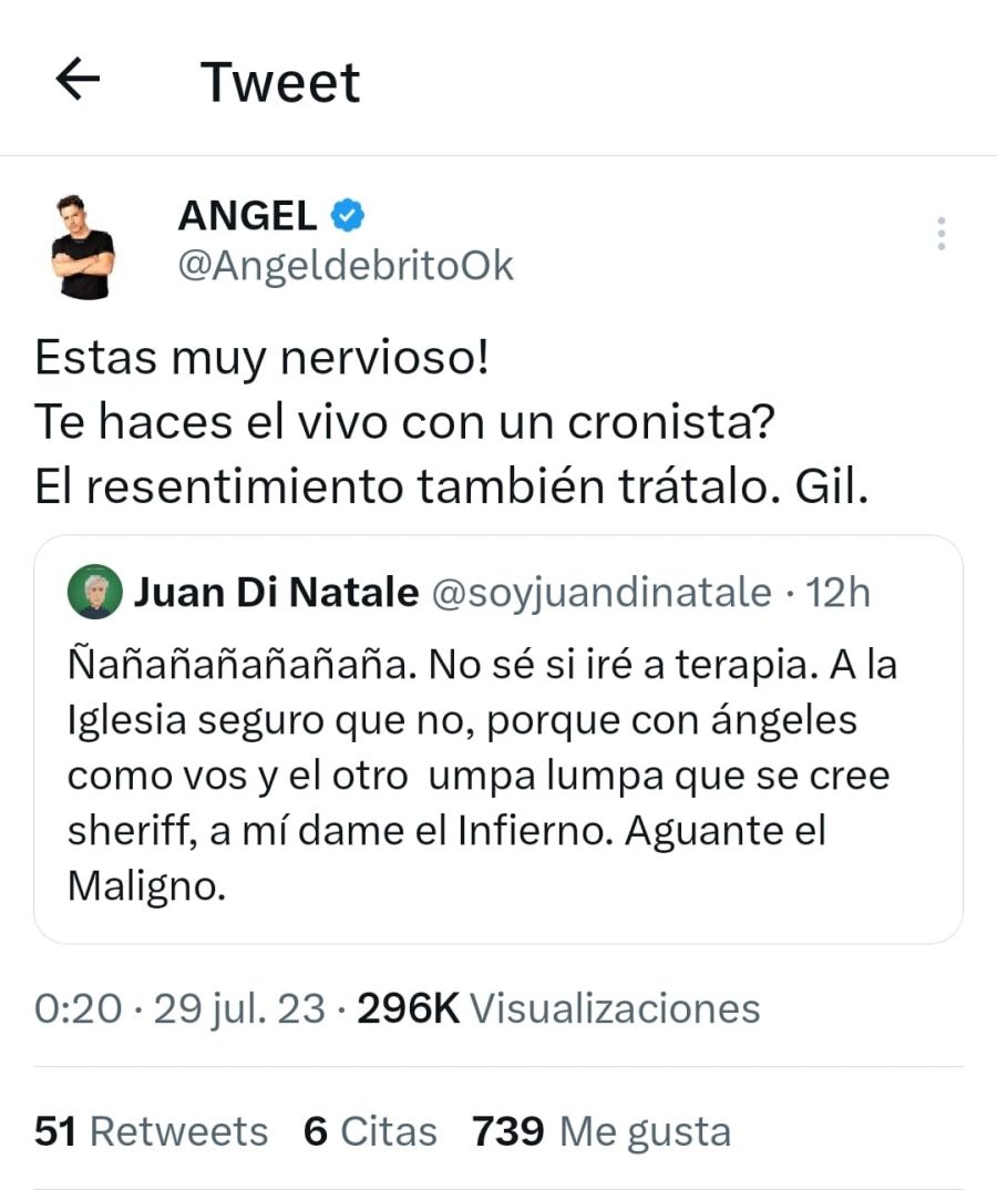 El fuerte cruce por Twitter de Ángel de Brito y Juan Di Natale 