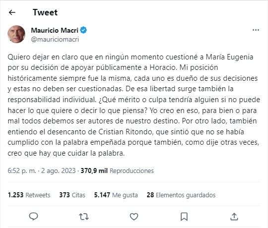 Tuit Mauricio Macri sobre María Eugenia Vidal g_20230802