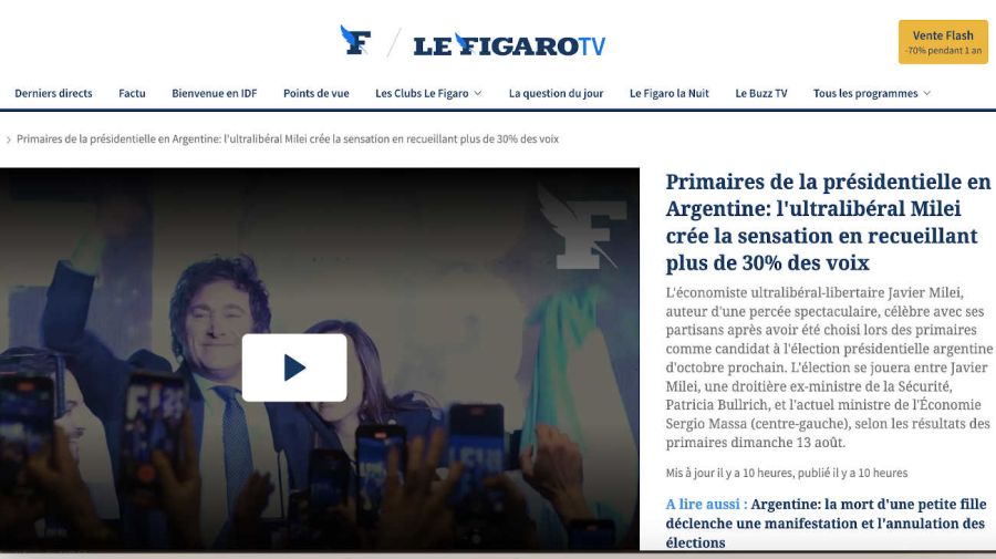 Javier Milei en las elecciones primariasDiarios del mundo reflejaron el triunfo 23200814