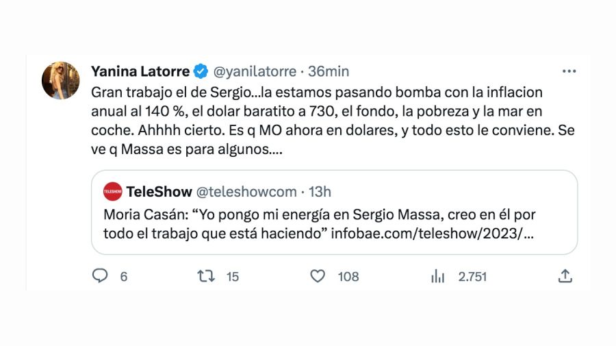 Yanina Latorre disparó contra Moria Casán por sus dichos sobre el Dólar Blue y su apoyo a Sergio Massa: 