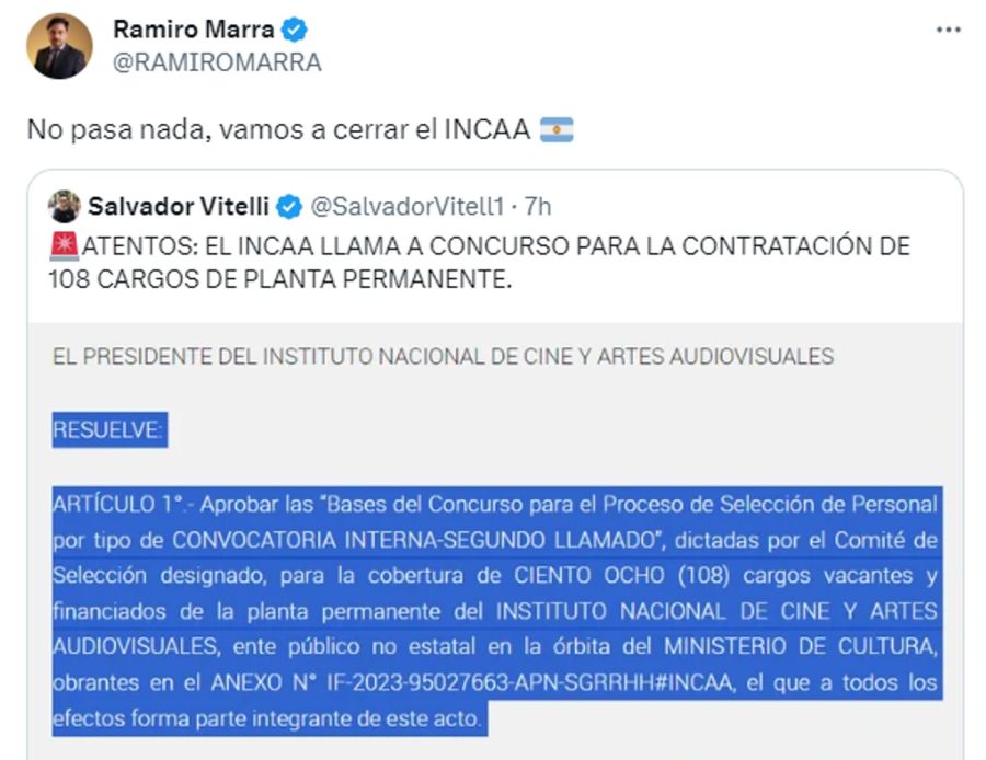 Ramiro Marra adelantó que cerrarán el INCAA 20230818