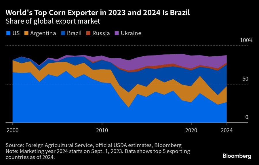 World's Top Corn Exporter in 2023 and 2024 Is Brazil | Share of global export market