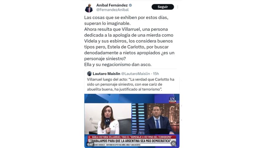 Tweet de Aníbal Fernández contra Victoria Villarruel