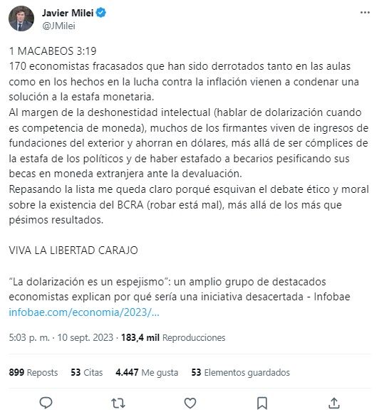 Javier Milei tuit contra 170 economistas g_20230910