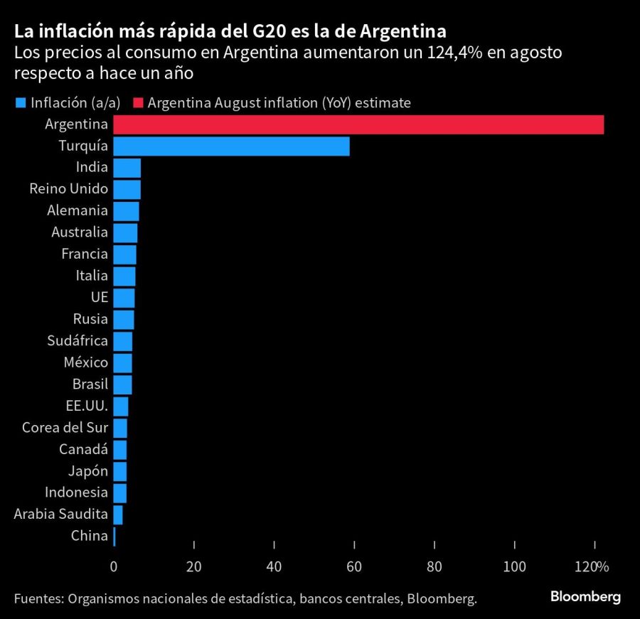 La inflación más rápida del G20 es la de Argentina | Los precios al consumo en Argentina aumentaron un 124,4% en agosto respecto a hace un año