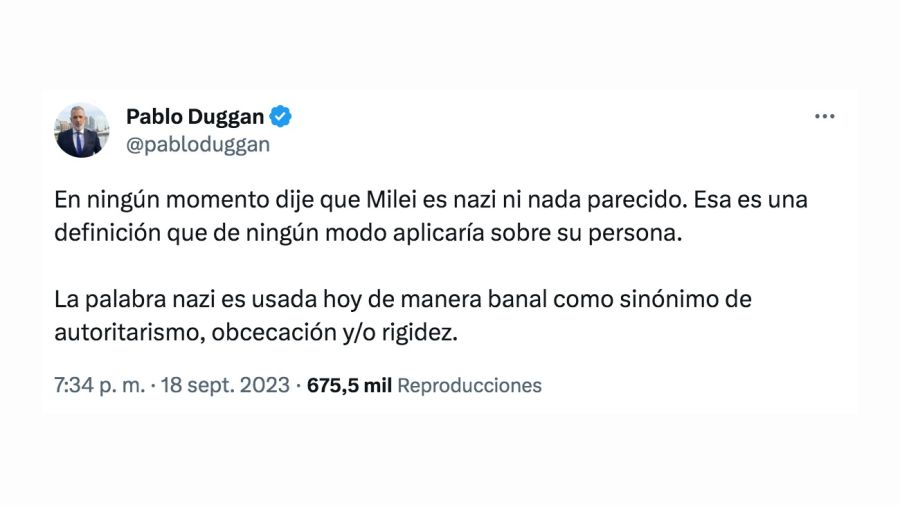 Pablo Duggan se disculpó públicamente con Javier Milei por haberlo relacionado al nazismo: 