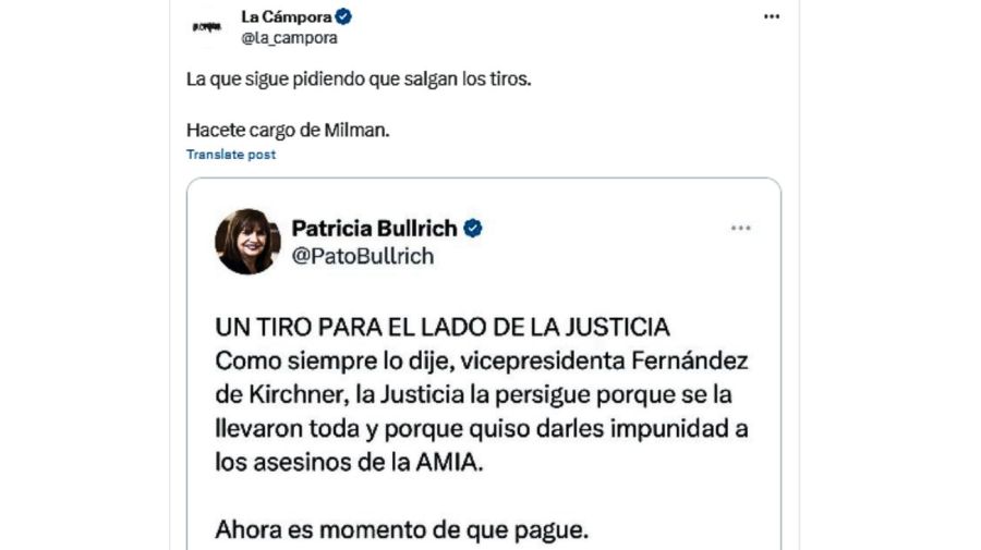 Tuits Patricia Bullrich La Cámpora 20230919