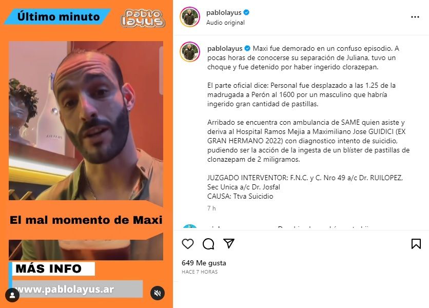 Pablo Layus informa el caso de Maxi Guidici