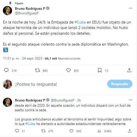 Embajada de Cuba en Washington sufrió un ataque con bombas molotov g_20230924