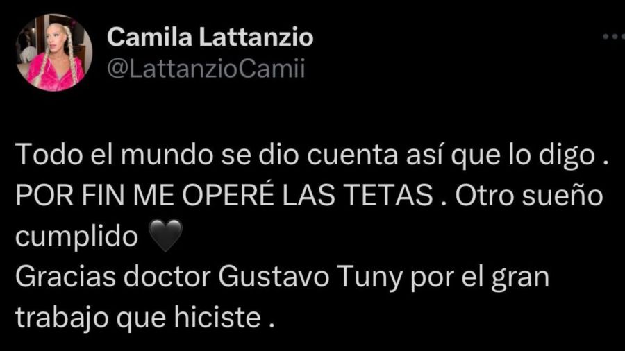 Tuit de Camila Lattanzio sobre su operación